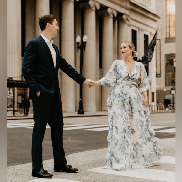 BHLDN Blue White Floral V Neck Long Sleeve Chiffon Formal Maxi Dress Gown Small - Picture 11 of 11